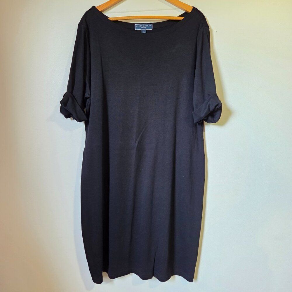 LIKE NEW KAREN SCOTT BLACK BOATNECK CUFFED SLEEVES COTTON MINIMALIST DRESS XL